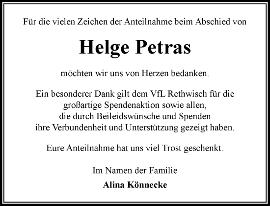 Traueranzeige von Helge Petras von MARKT Bad Oldesloe/Reinfeld und Stormarner Tageblatt
