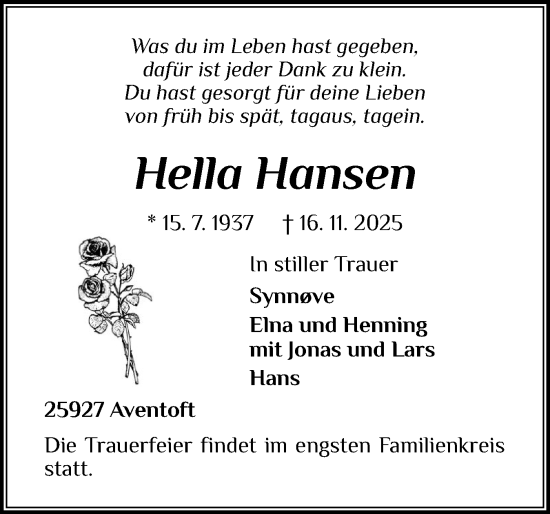 Traueranzeige von Hella Hansen von Husumer Nachrichten, Nordfriesland Tageblatt