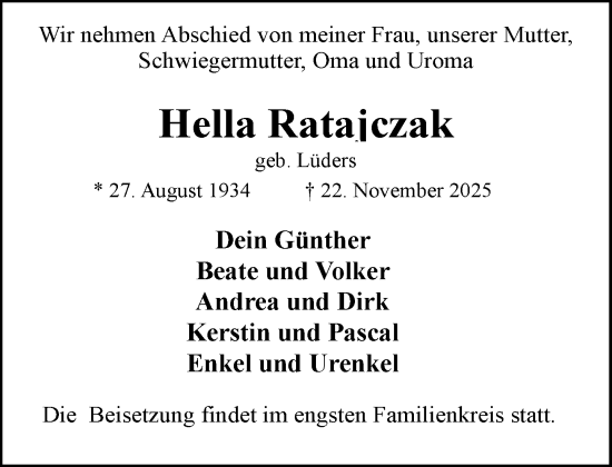Traueranzeige von Hella Ratajczak von MARKT Ratzeburg/Mölln
