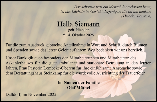 Traueranzeige von Hella Siemann von Wochenend Anzeiger