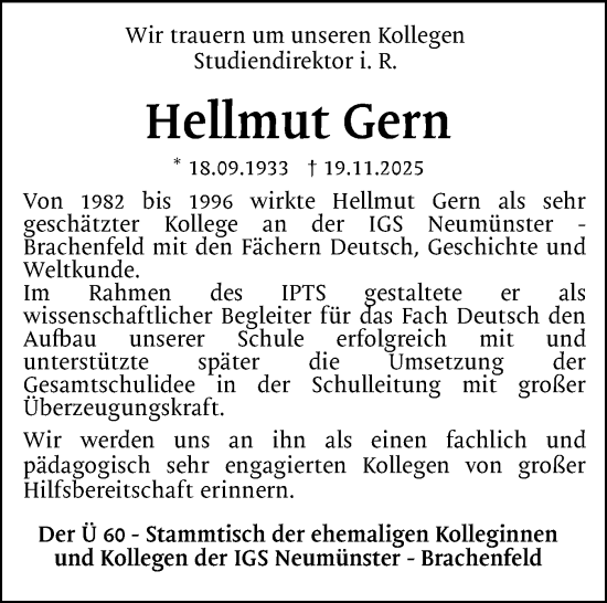 Traueranzeige von Hellmut Gern von Holsteinischer Courier