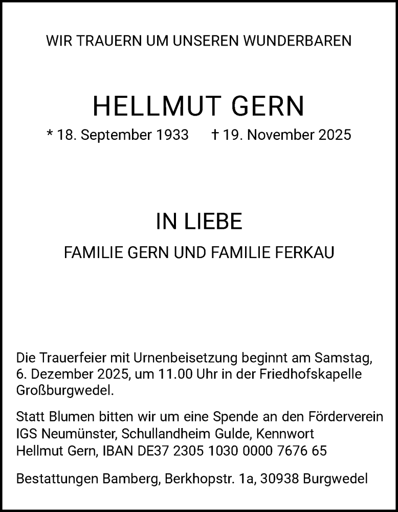 Traueranzeige für Hellmut Gern vom 29.11.2025 aus Holsteinischer Courier