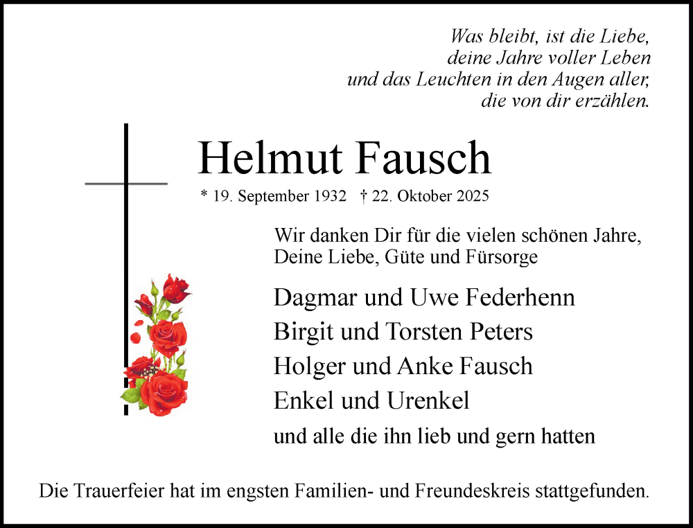  Traueranzeige für Helmut Fausch vom 15.11.2025 aus Uetersener Nachrichten, Der tip am Wochenende