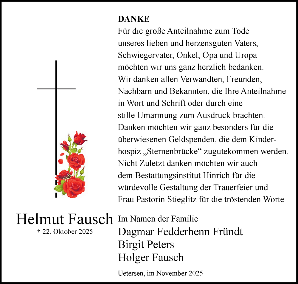  Traueranzeige für Helmut Fausch vom 29.11.2025 aus Uetersener Nachrichten, Der tip am Wochenende