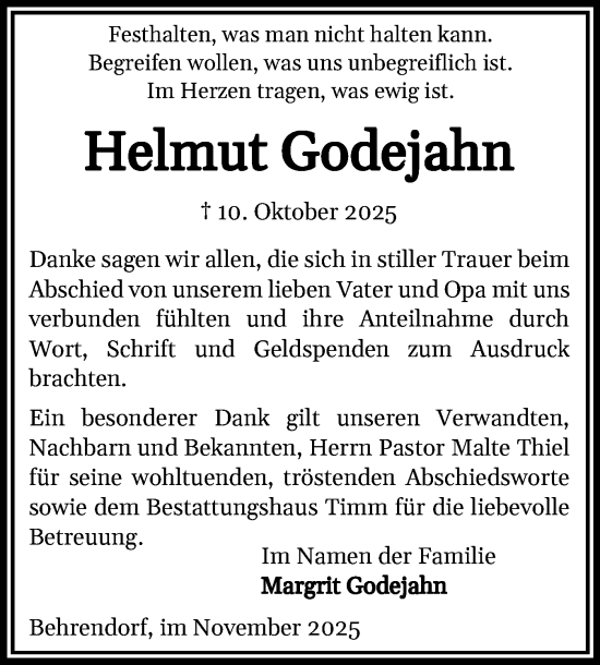 Traueranzeige von Helmut Godejahn von Husumer Nachrichten, Nordfriesland Tageblatt