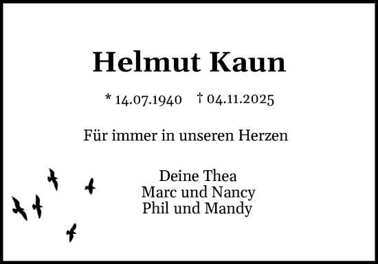Traueranzeige von Helmut Kaun von Ostholsteiner Anzeiger