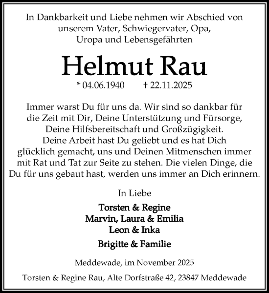 Traueranzeige von Helmut Rau von MARKT Bad Oldesloe/Reinfeld, MARKT Ahrensburg/Bargteheide/Trittau und Stormarner Tageblatt
