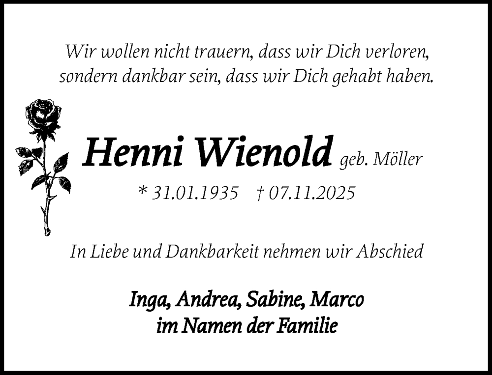  Traueranzeige für Henni Wienold vom 15.11.2025 aus MARKT Glinde/Reinfeld