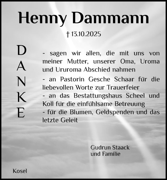 Traueranzeige von Henny Dammann von Eckernförder Zeitung, Hallo Eckernförde