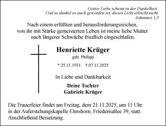 Traueranzeige von Henriette Krüger von Elmshorner Nachrichten, Barmstedter Zeitung