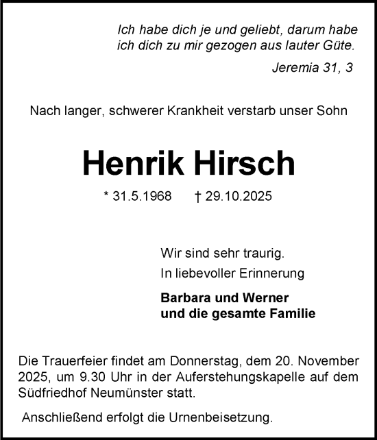 Traueranzeige von Henrik Hirsch von Holsteinischer Courier