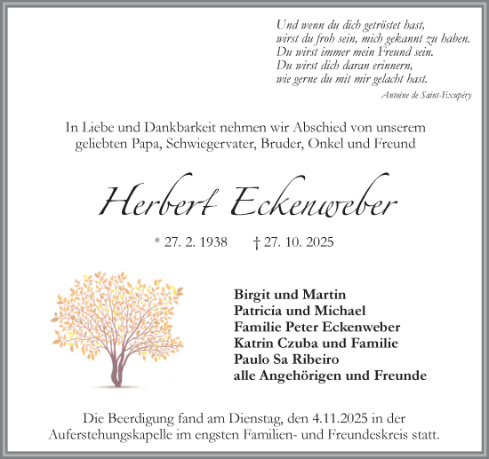 Traueranzeige von Herbert Eckenweber von Umschau