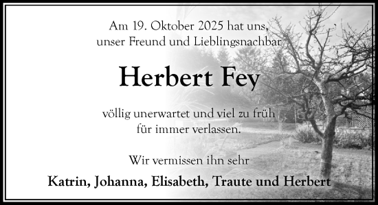 Traueranzeige von Herbert Fey von MARKT Ratzeburg/Mölln