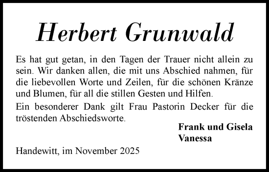 Traueranzeige von Herbert Grunwald von Flensburger Tageblatt