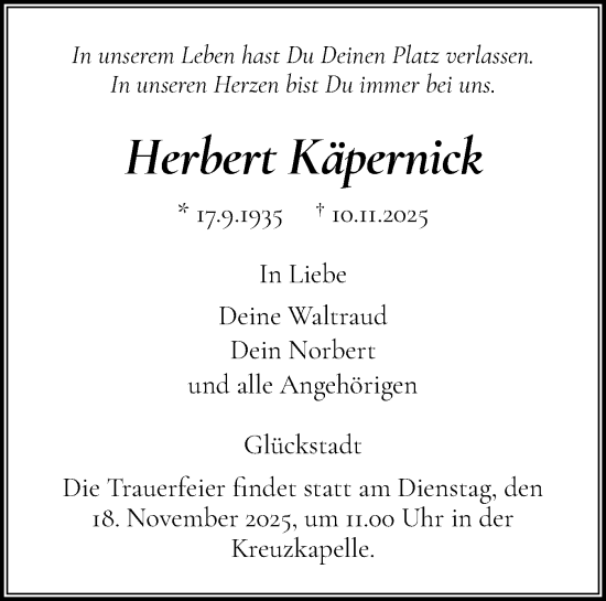 Traueranzeige von Herbert Käpernick von Norddeutsche Rundschau, Wilstersche Zeitung, Glückstädter Fortuna