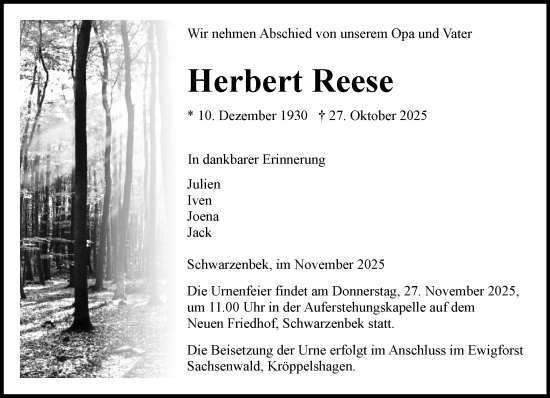 Traueranzeige von Herbert Reese von Wochenend Anzeiger