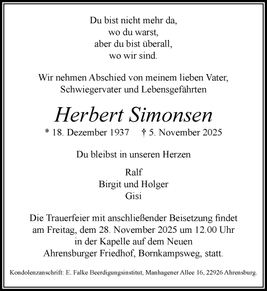 Traueranzeige von Herbert Simonsen von MARKT Ahrensburg/Bargteheide/Trittau und Stormarner Tageblatt