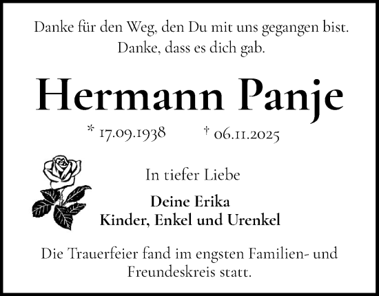 Traueranzeige von Hermann Panje von Norddeutsche Rundschau, Wilstersche Zeitung, Glückstädter Fortuna