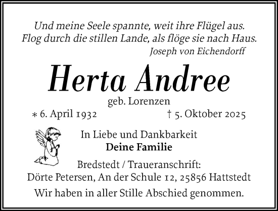 Traueranzeige von Herta Andree von Husumer Nachrichten, Nordfriesland Tageblatt