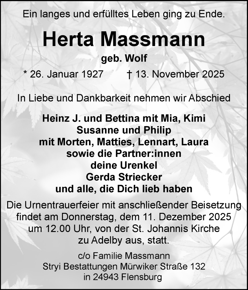  Traueranzeige für Herta Massmann vom 29.11.2025 aus Flensburger Tageblatt