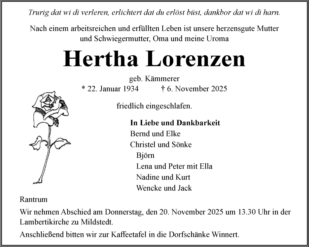  Traueranzeige für Hertha Lorenzen vom 14.11.2025 aus Husumer Nachrichten, Nordfriesland Tageblatt
