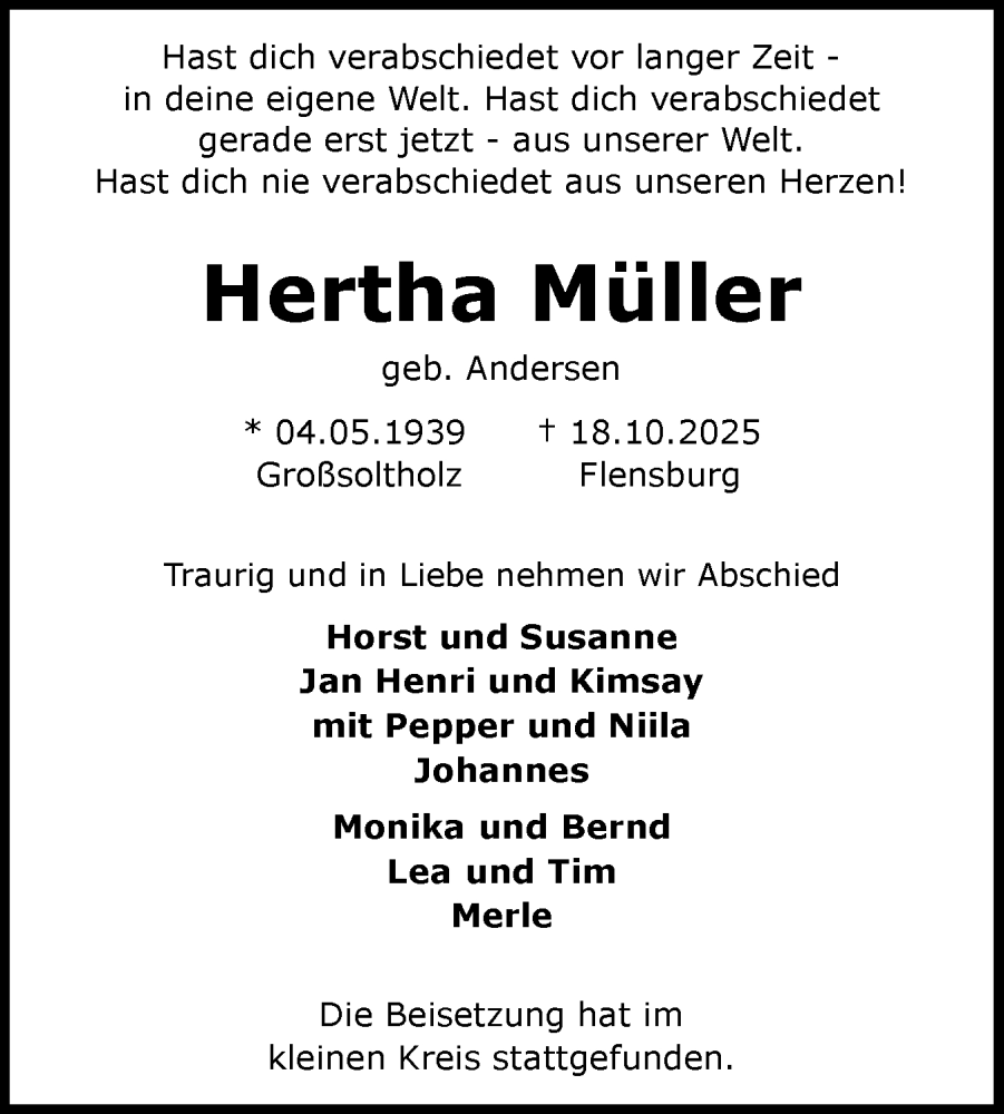  Traueranzeige für Hertha Müller vom 08.11.2025 aus Flensburger Tageblatt