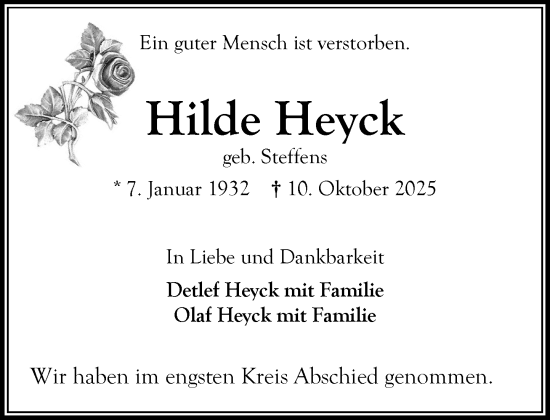 Traueranzeige von Hilde Heyck von MARKT Bad Oldesloe/Reinfeld und Stormarner Tageblatt