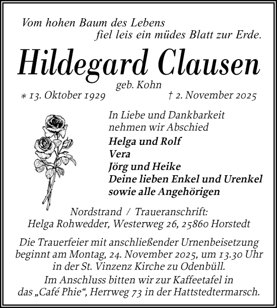 Traueranzeige von Hildegard Clausen von Husumer Nachrichten, Nordfriesland Tageblatt