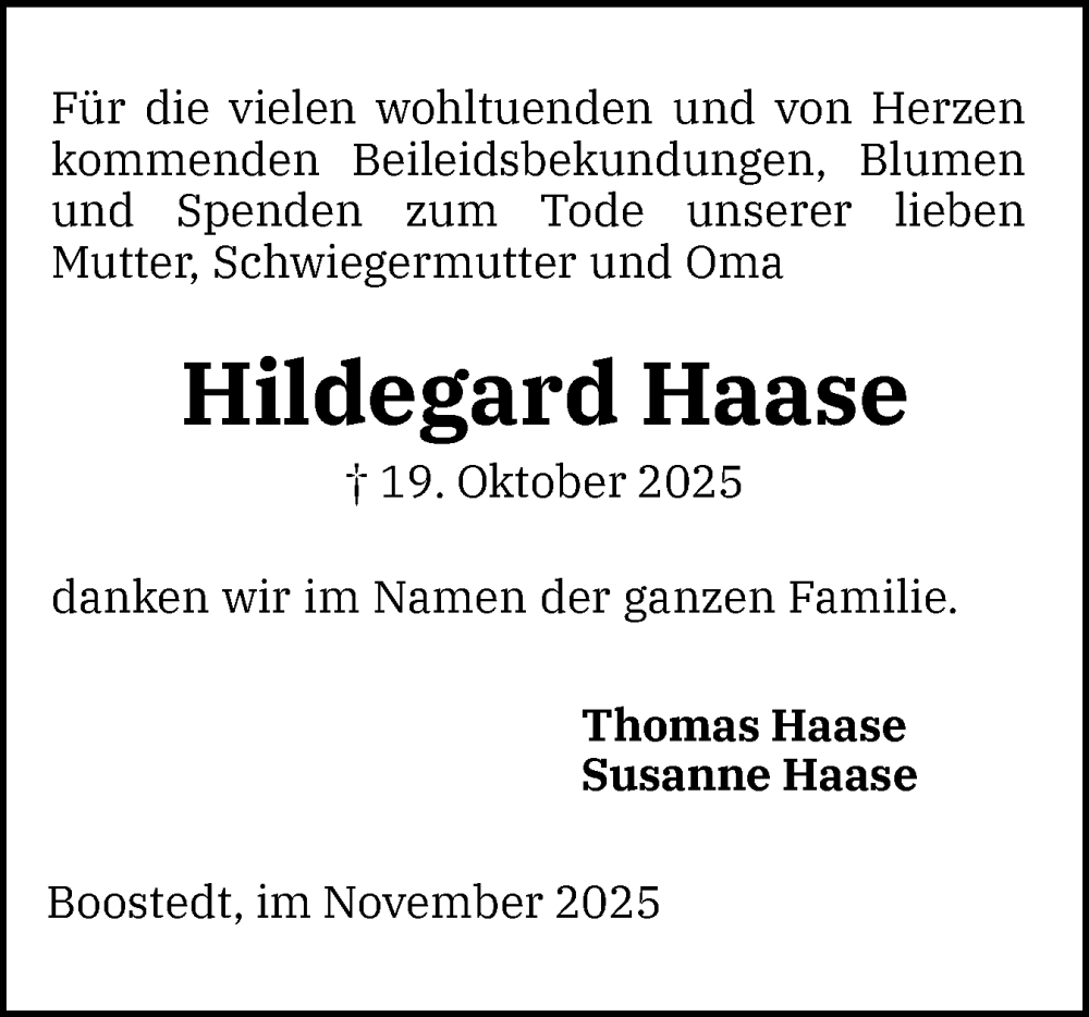  Traueranzeige für Hildegard Haase vom 08.11.2025 aus Holsteinischer Courier