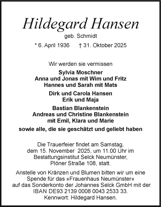 Traueranzeige von Hildegard Hansen von Holsteinischer Courier