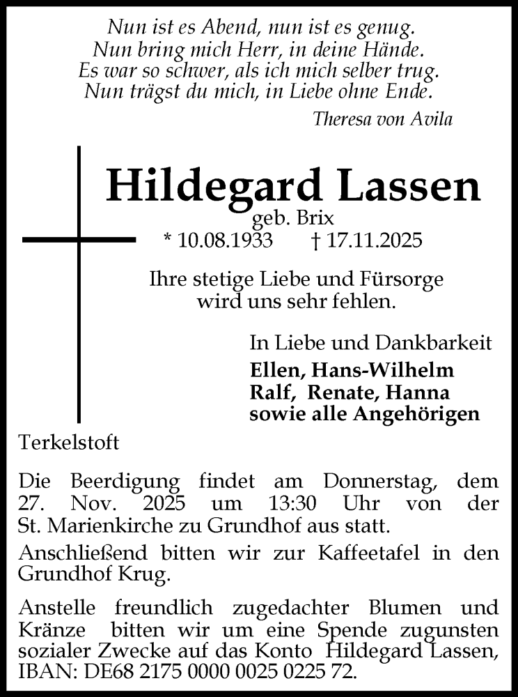  Traueranzeige für Hildegard Lassen vom 22.11.2025 aus Flensburger Tageblatt
