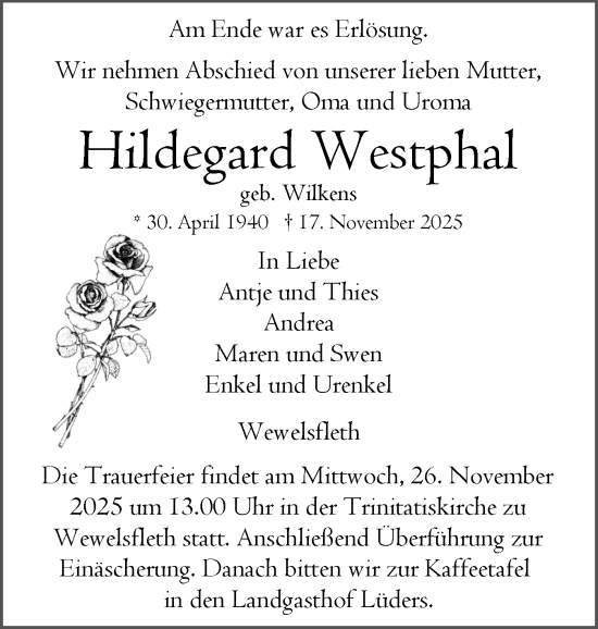 Traueranzeige von Hildegard Westphal von Norddeutsche Rundschau, Wilstersche Zeitung, Glückstädter Fortuna