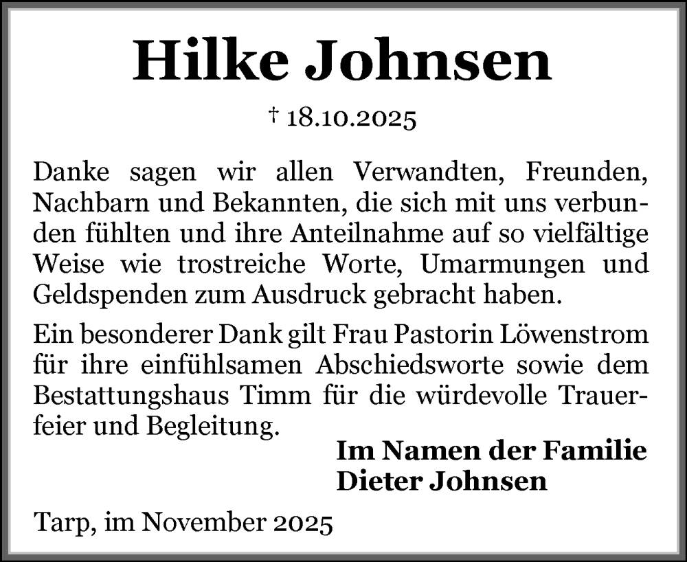  Traueranzeige für Hilke Johnsen vom 29.11.2025 aus Flensburger Tageblatt, Schleswiger Nachrichten, Schlei-Bote