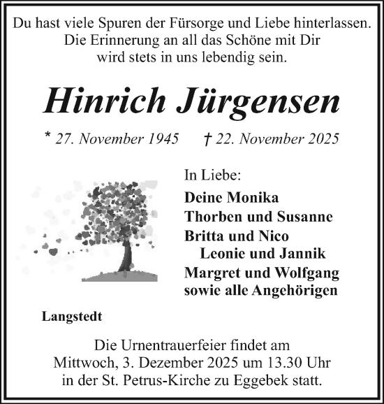 Traueranzeige von Hinrich Jürgensen von Flensburger Tageblatt, Schleswiger Nachrichten, Schlei-Bote