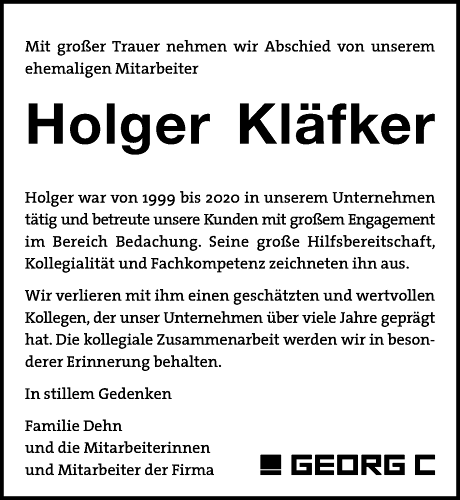  Traueranzeige für Holger Kläfker vom 27.11.2025 aus Husumer Nachrichten, Nordfriesland Tageblatt