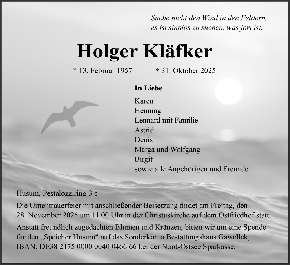  Traueranzeige für Holger Kläfker vom 22.11.2025 aus Husumer Nachrichten, Nordfriesland Tageblatt