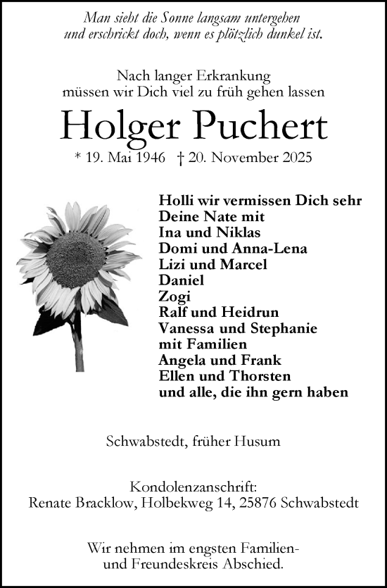 Traueranzeige von Holger Puchert von Husumer Nachrichten, Nordfriesland Tageblatt