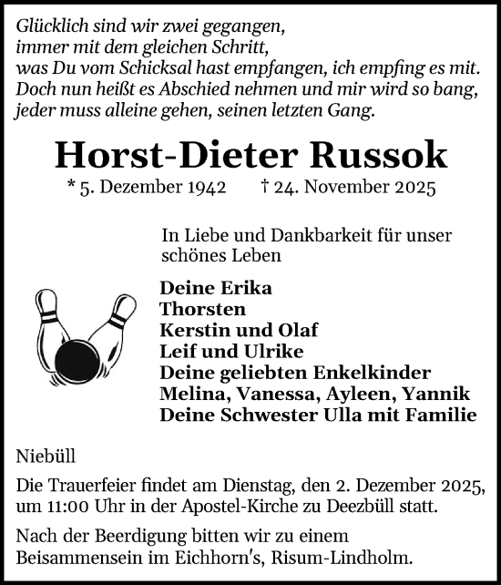 Traueranzeige von Horst-Dieter Russok von Husumer Nachrichten, Nordfriesland Tageblatt