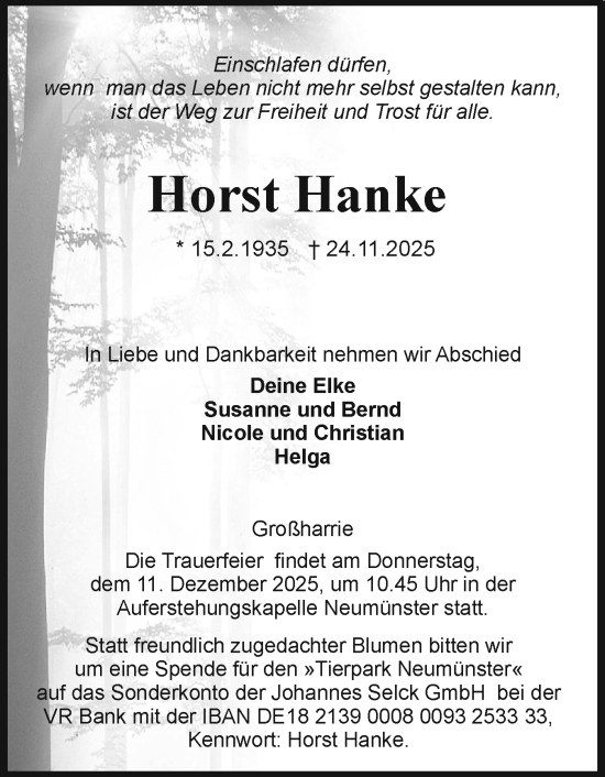 Traueranzeige von Horst Hanke von Holsteinischer Courier