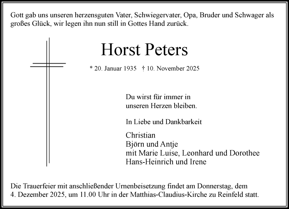  Traueranzeige für Horst Peters vom 22.11.2025 aus MARKT Bad Oldesloe/Reinfeld und Stormarner Tageblatt