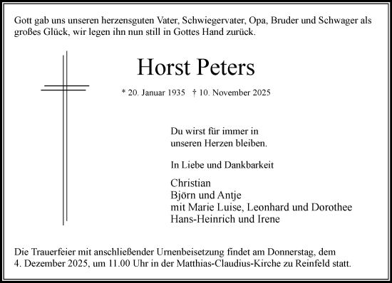 Traueranzeige von Horst Peters von MARKT Bad Oldesloe/Reinfeld und Stormarner Tageblatt