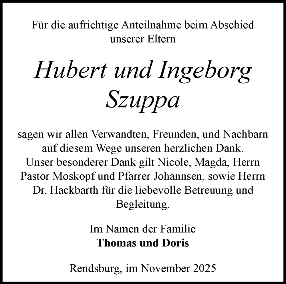  Traueranzeige für Hubert und Ingeborg Szuppa vom 08.11.2025 aus Schleswig-Holsteinische Landeszeitung