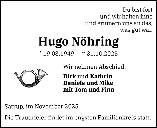 Traueranzeige von Hugo Nöhring von Flensburger Tageblatt