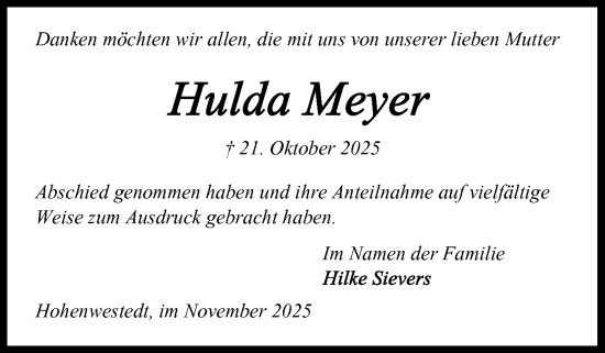 Traueranzeige von Hulda Meyer von Schleswig-Holsteinische Landeszeitung