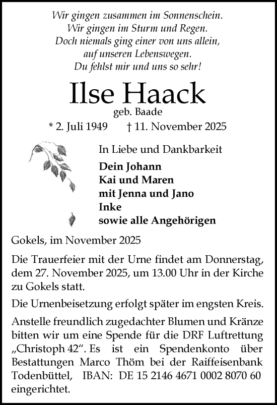 Traueranzeige von Ilse Haack von Schleswig-Holsteinische Landeszeitung
