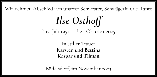 Traueranzeige von Ilse Osthoff von Schleswig-Holsteinische Landeszeitung