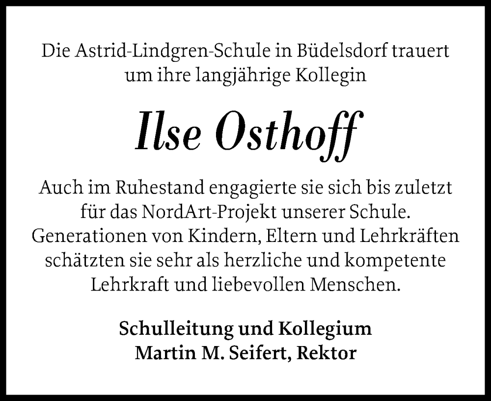  Traueranzeige für Ilse Osthoff vom 08.11.2025 aus Schleswig-Holsteinische Landeszeitung