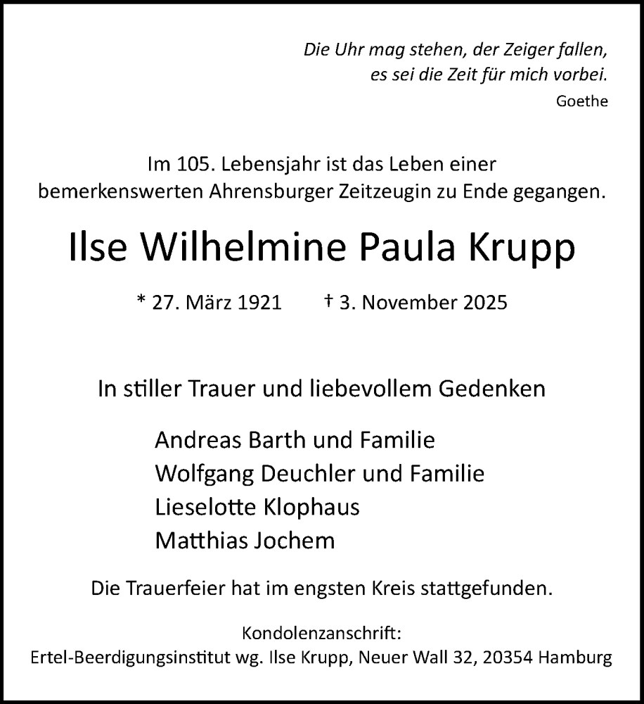  Traueranzeige für Ilse Wilhelmine Paula Krupp vom 29.11.2025 aus MARKT Ahrensburg/Bargteheide/Trittau und Stormarner Tageblatt