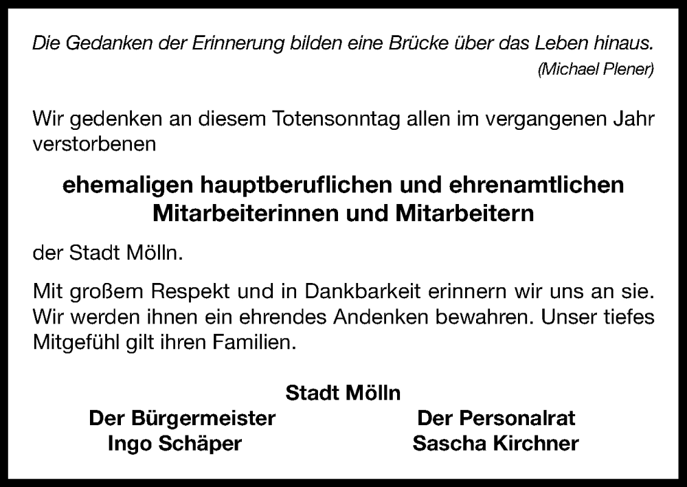  Traueranzeige für Im Gedenken  vom 22.11.2025 aus MARKT Ratzeburg/Mölln