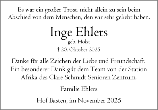 Traueranzeige von Inge Ehlers von Norddeutsche Rundschau, Wilstersche Zeitung, Glückstädter Fortuna